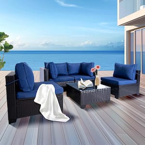 5-Piece Wicker Outdoor Sofa Sectional Set with Blue Cushions and Pillow