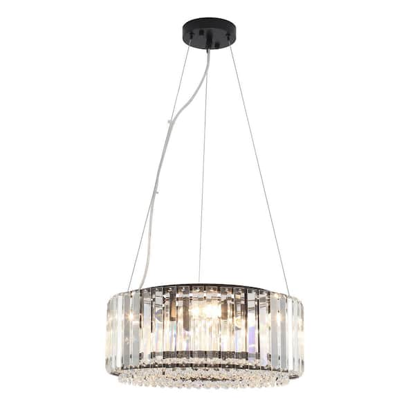 15.74 in. 5-Light Matte Black Drum Chandelier with Crystal Shade and No Bulbs Included For Kitchen Island Dinning Room