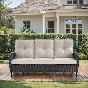 3-Seat Black PE Wicker Outdoor Couch with Beige Cushions and Flat Armrests