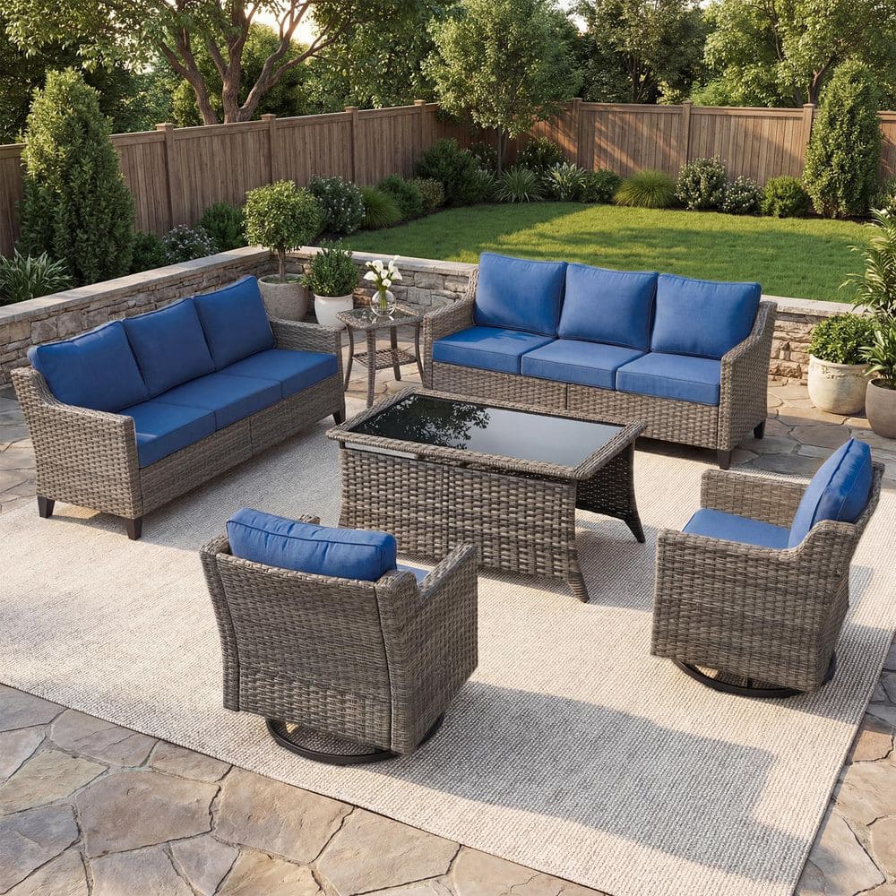 Haven 6-Piece Gray Wicker Sofa Patio Conversation Set with 4-Inch Thick Navy Blue Cushions and Coffee table price history on PriceWatchPro