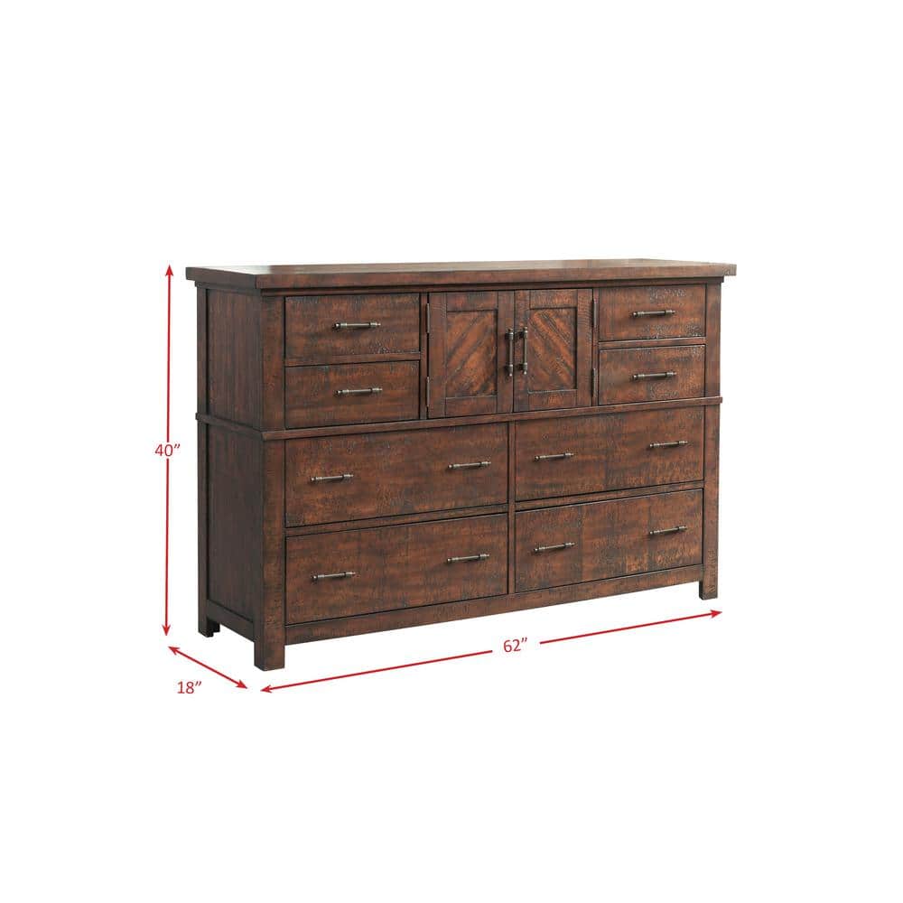 Rustic Walnut Brown 8-Drawer Dresser with Cabinet