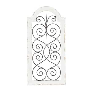 Wood White Arched Window Inspired Scroll Wall Decor with Metal Scrollwork Relief