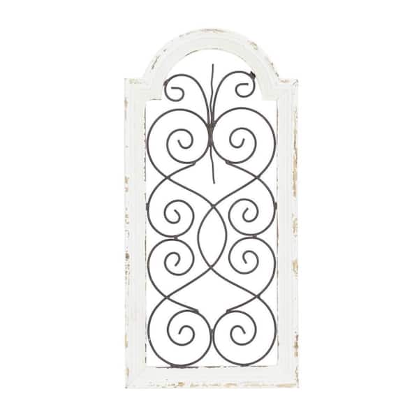 Litton Lane 10 in. x  20 in. Wood White Arched Window Inspired Scroll Wall Decor with Metal Scrollwork Relief
