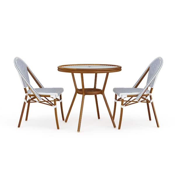 Lily Pond Navy/White with Natural Woodgrain Aluminum 31.5 in. Round Outdoor Bistro Dining Table with 2 Bistro Chairs