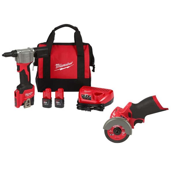 M12 12-Volt Lithium-Ion Cordless Rivet Tool Kit with (2) 1. 5Ah Battery & Charger & M12 Cut Off Saw