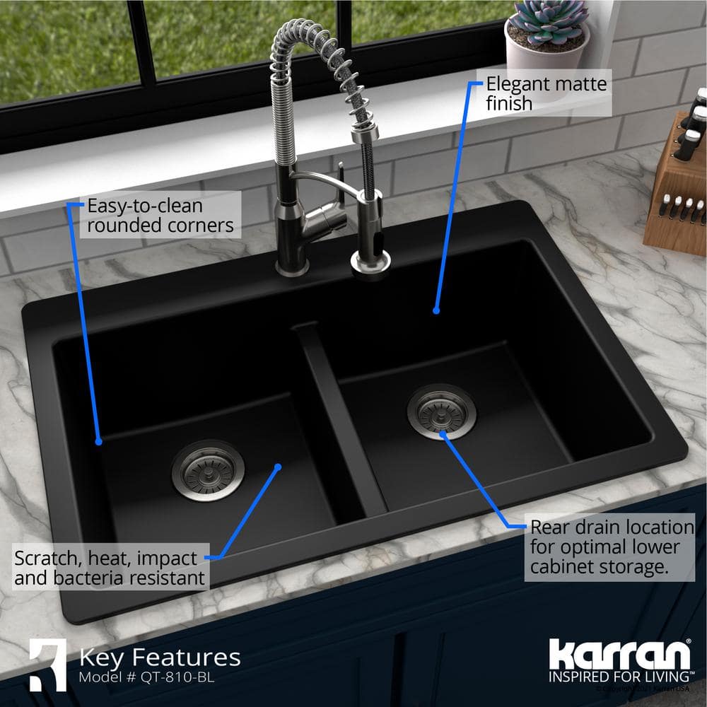 Black Quartz Double Bowl Top Mount Kitchen Sink