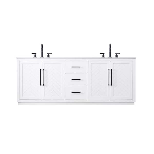 84 in. Double Sink White Bath Vanity with White Engineered Marble Top