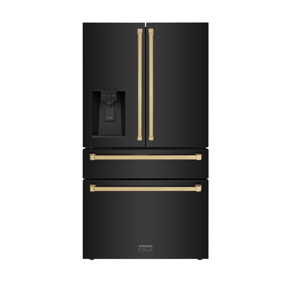 Autograph Edition 36 in. 4-Door French Door Refrigerator w/ Ice &amp; Water Dispenser in Black Stainless &amp; Champagne Bronze