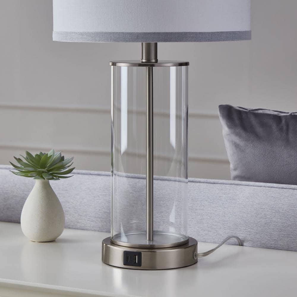 Brushed Nickel Glass Table Lamps with USB Ports and AC Outlet, Set of 2