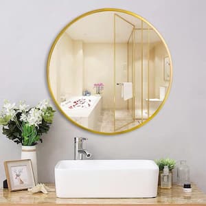 28 in. W x 28 in. H Round Framed Wall Bathroom Vanity Mirror in Gold