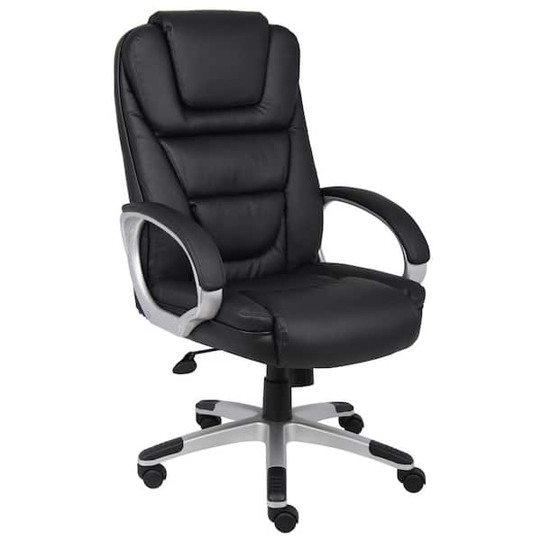 BOSS Office Products Deluxe High Back Black Top-Grain Leather Executive Chair, Headrest and Padded Arms
