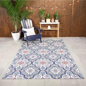 Star Moroccan Teal/White 8 ft. x 10 ft. Floral Indoor/Outdoor Patio Area Rug