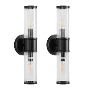 16.7 in. 2-Light Black Wall Sconce with Cylinder Glass Shade Modern Bathroom Light Fixture (Set of 2)