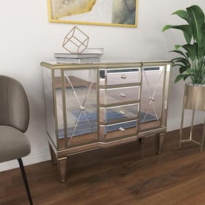 Silver Mirrored Panel 4 Drawers 2 Shelves and 2 Doors Buffet with Acrylic Knob Handles 39 in. x 34 in.