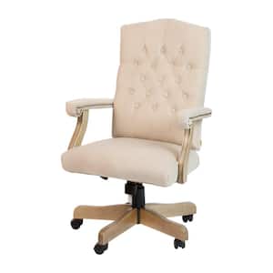 Derrick Classic Fabric Tufted Executive Office Chair in Ivory with Driftwood Base and Arms