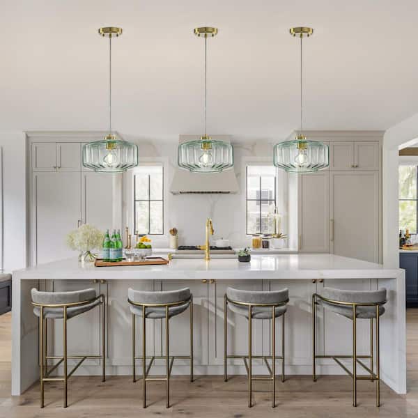 TinHon Modern Brass Green Glass Pendant Light for Kitchen Island