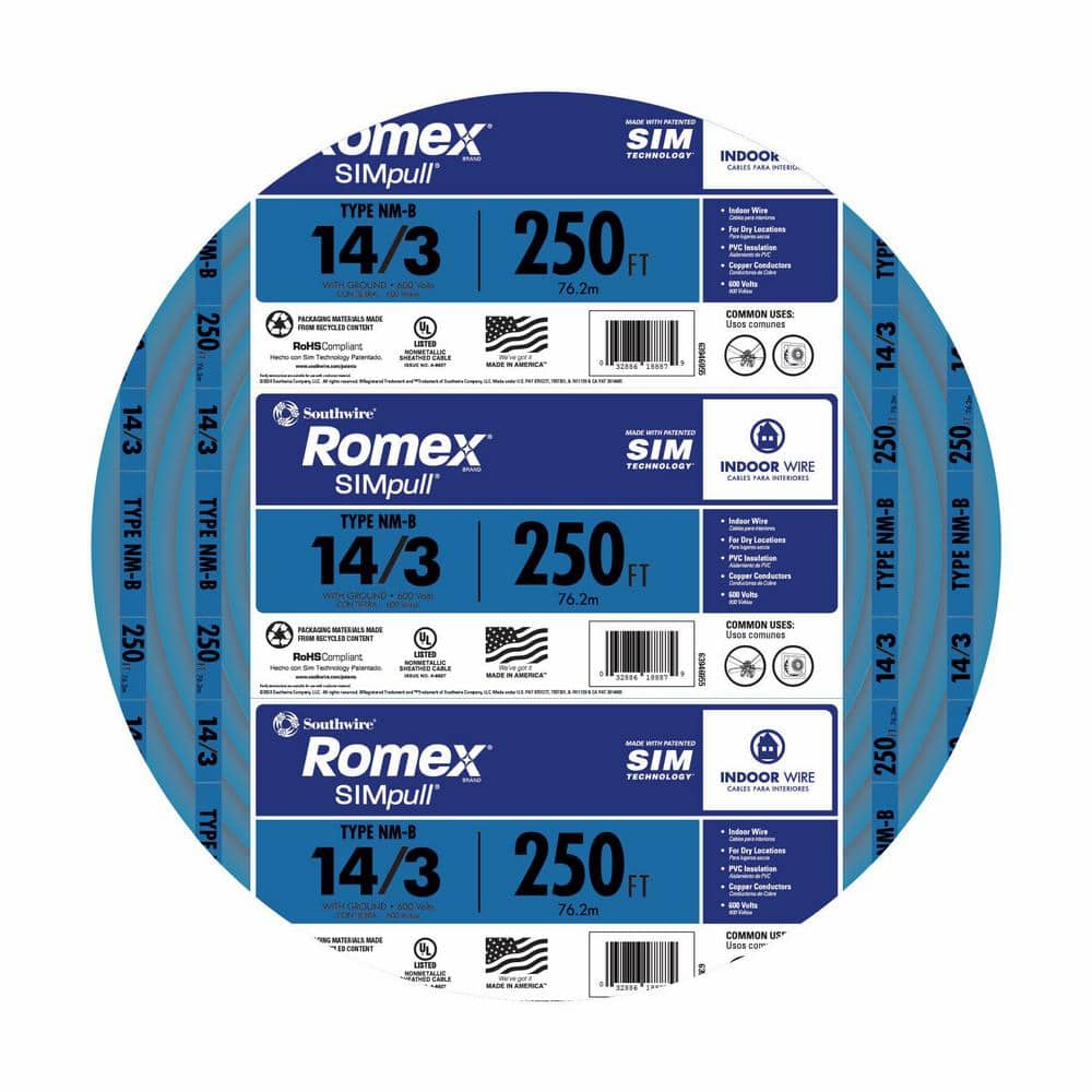 Southwire 250 ft. 14-Gauge/3 Solid Romex SIMpull CU NM-B with G Wire ...