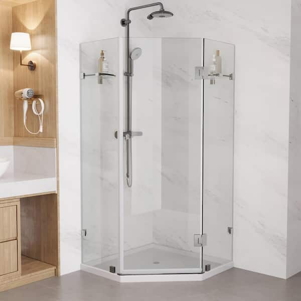 34 in. W x 73 in. H Neo-Angle Pivot Frameless Corner Shower Enclosure in Chrome with 3/8 in. Clear Glass