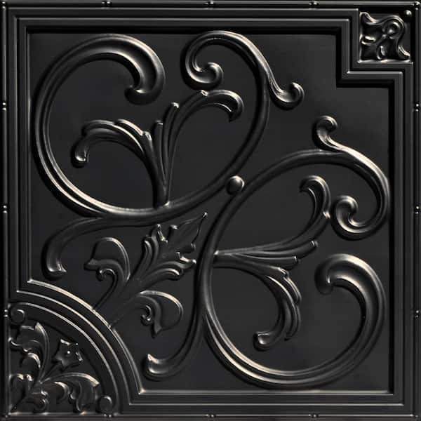 FROM PLAIN TO BEAUTIFUL IN HOURS Lillies and Swirls 2 ft. x 2 ft. PVC Glue-up or Lay-in Ceiling Tile in Black