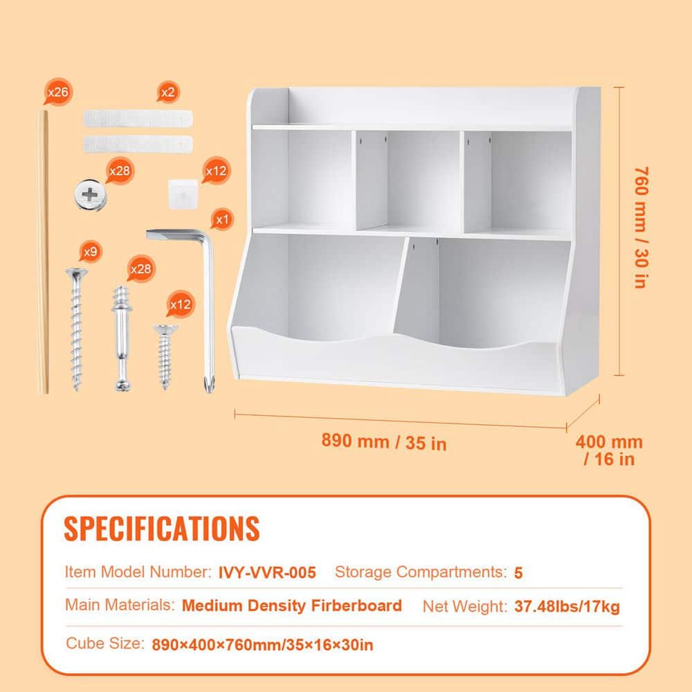 White 35" Kids Toy Storage Organizer with Bookshelf