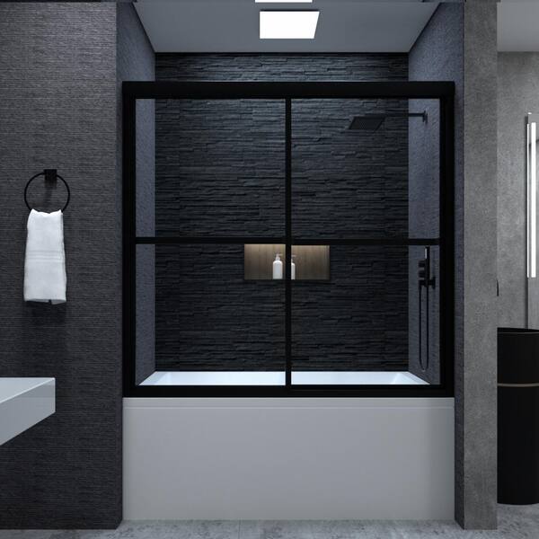 Alvin 59 in. W x 56 in. H Sliding Framed Tub Door in Matte Black Finish