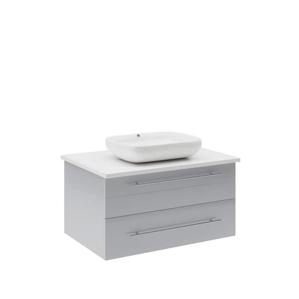 Fresca Lucera 30 in. Single Sink Wall Mount Floating Gray Bath Vanity with White Quartz Top and Vessel Ceramic Sink