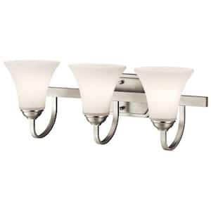 Keiran 22 in. 3-Light Brushed Nickel Transitional Bathroom Vanity Light with Satin Etched White Glass