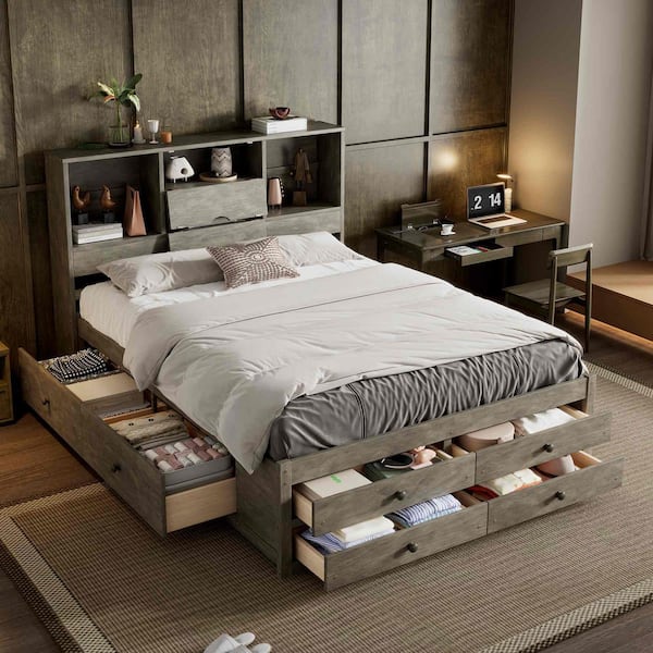 Gray Wood Frame Queen Size Platform Bed with Storage Headboard and 8 Drawers