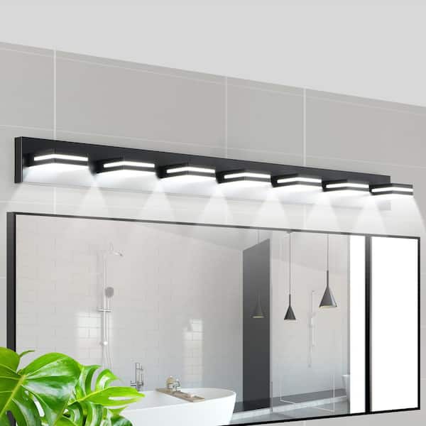 55 in. W 7-Lights LED Vanity Light for Bathroom, Black Wall Sconce Over Vanity Mirror, Cool White 6000K