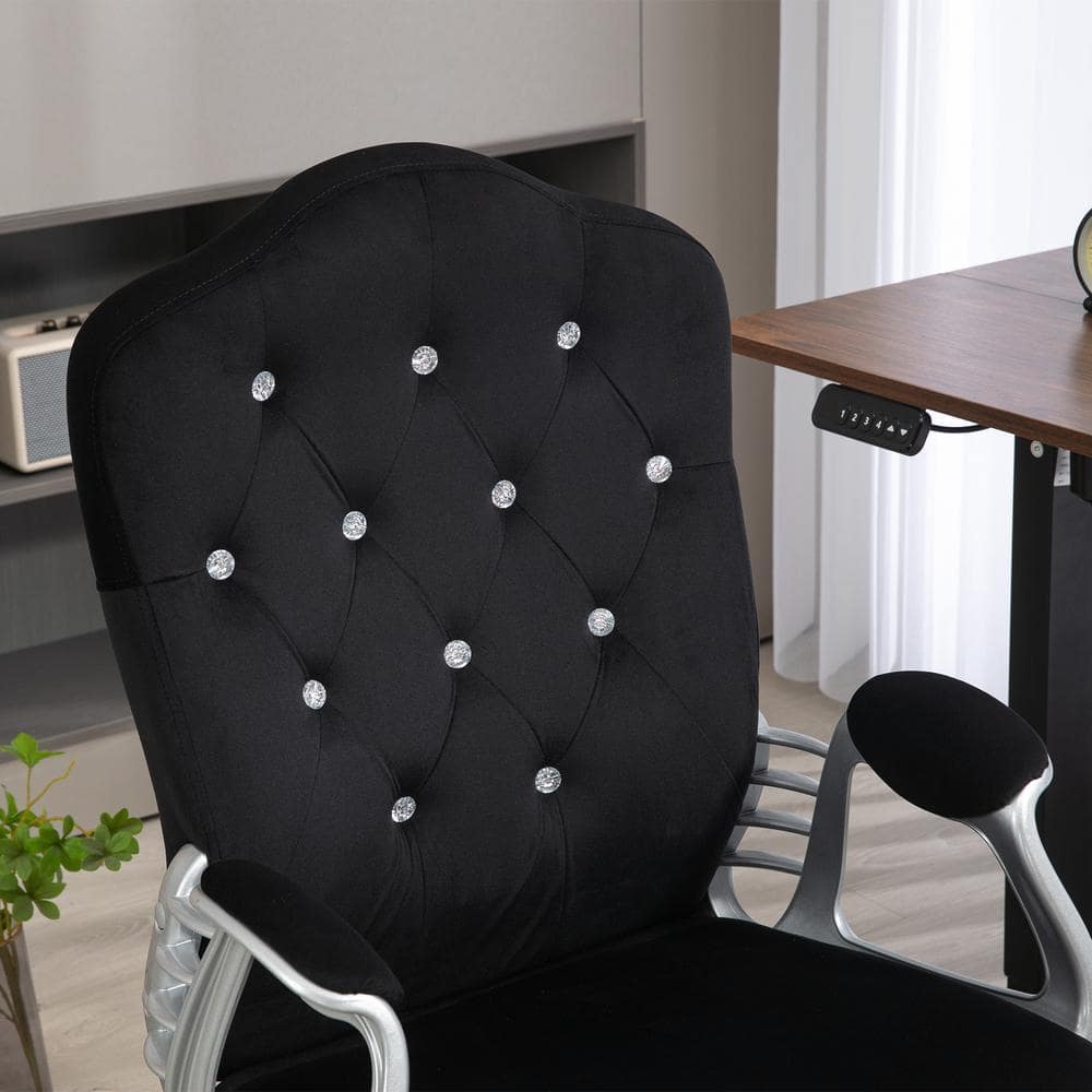 Black Velvet Button Tufted Swivel Task Chair with Fixed Arms