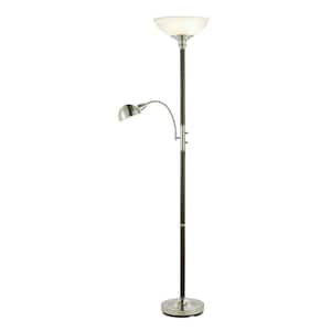 71 in. Brown and White 2-Light Combo Standard Floor Lamp Wood Brushed Steel Torchiere With Steel Dome Shade