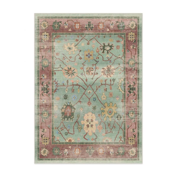 Machine Washable Rug with Standard Pad-Jemima Sage and Rosewood 5 ft. x 7 ft.