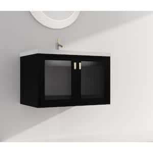 31.90 in. W Floating Wall-Mounted Bath Vanity in Black Chestnut with White Ceramic Top