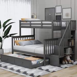 Stairway Twin Over Full Bunk Bed with Trundle, Storage and Guard Rail in Gray(91.73 in. L x 54.33 in. W x 61.4 in. H)