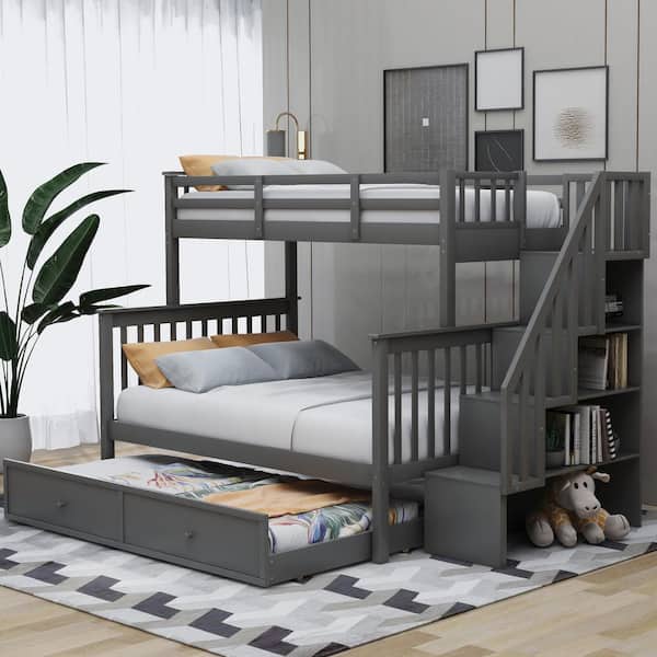 Polibi Stairway Twin Over Full Bunk Bed with Trundle, Storage and Guard Rail in Gray(91.73 in. L x 54.33 in. W x 61.4 in. H)