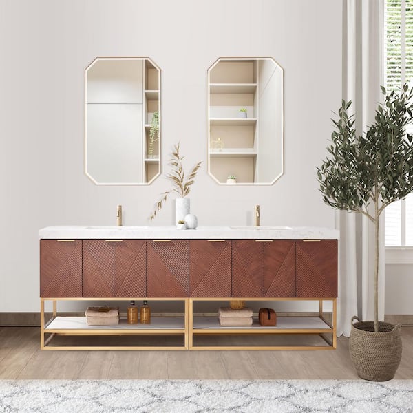 ROSWELL Mahon 84 in. W x 22 in. D x 33.9 in. H Single Sink Bath Vanity in Walnut with White Grain Composite Stone Top