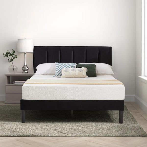 VECELO Upholstered Bed Frame Black Metal Frame Queen Platform Bed with Adjustable Headboard Wood Slat No Box Spring Needed