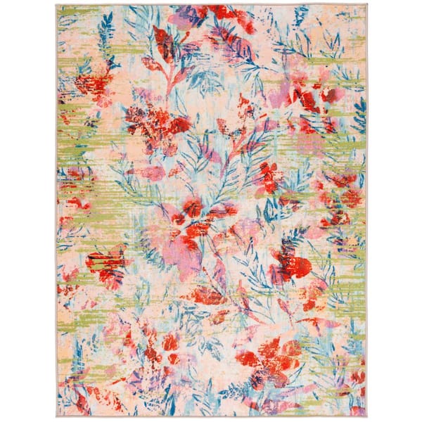 Paint Brush Blue/Blush Pink Doormat 3 ft. x 5 ft. Machine Washable Floral Leaf Area Rug