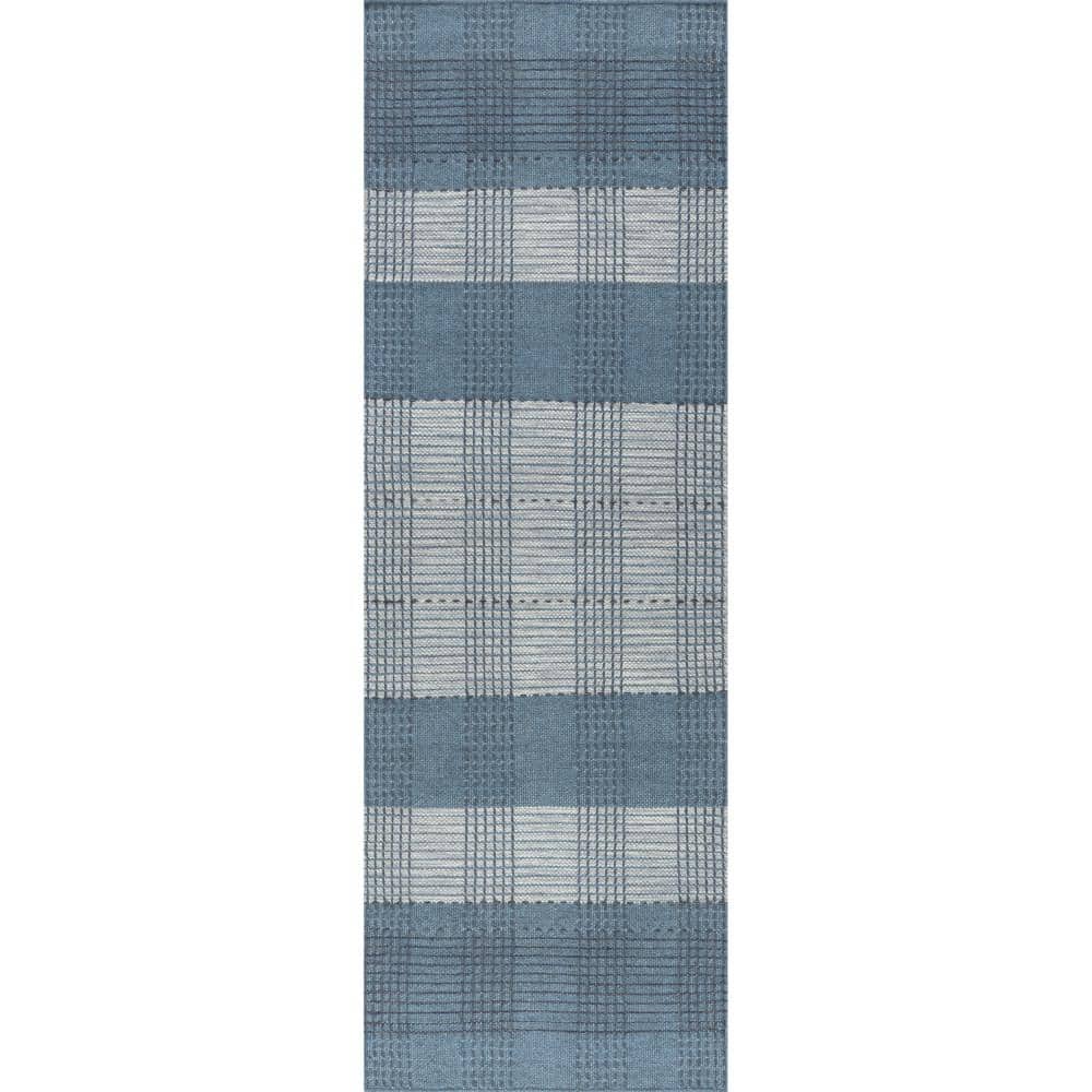 Blue Plaid Handmade Wool Rectangular Area Rug 8' x 10'