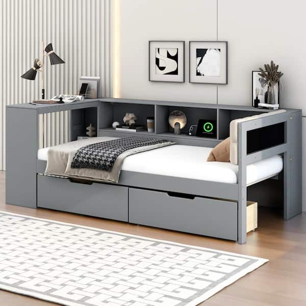 Gray Wood Frame Twin Size Platform Bed with Upholstered Headboard and Charging Station