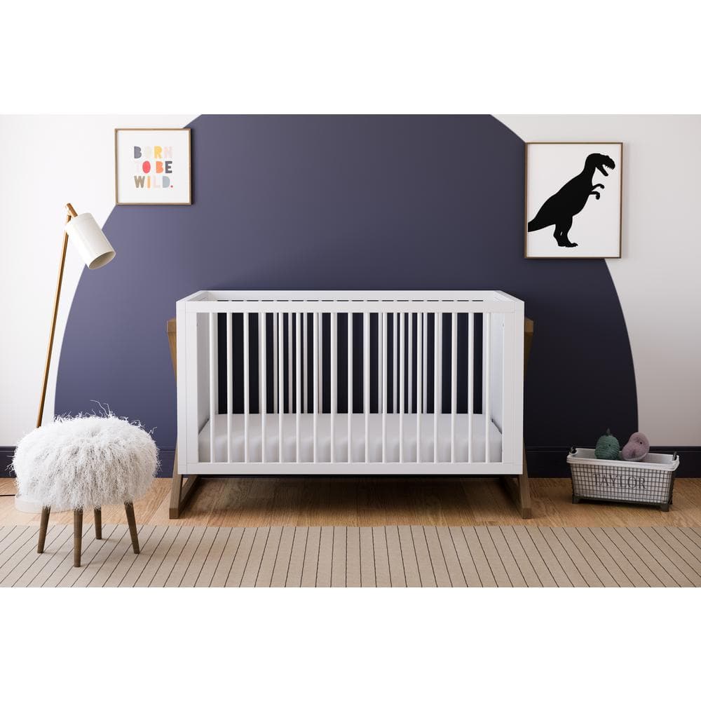 White and Driftwood 3-in-1 Convertible Baby Crib with Adjustable Mattress Support