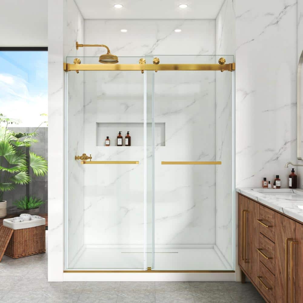 56–60.5 in. W x 72 in. H, Frameless Shower Door, Double Sliding Doors 3/8 in. Clear Tempered Glass, Brushed Gold. price history on PriceWatchPro