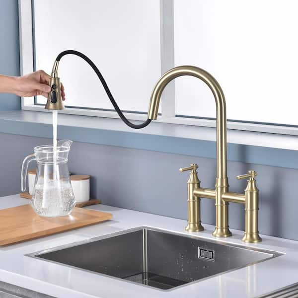 SUMERAIN Traditional Double Handle Bridge Kitchen Faucet with Pull out  Spray Wand in Brushed Gold S6119PQ-BG-HD - The Home Depot