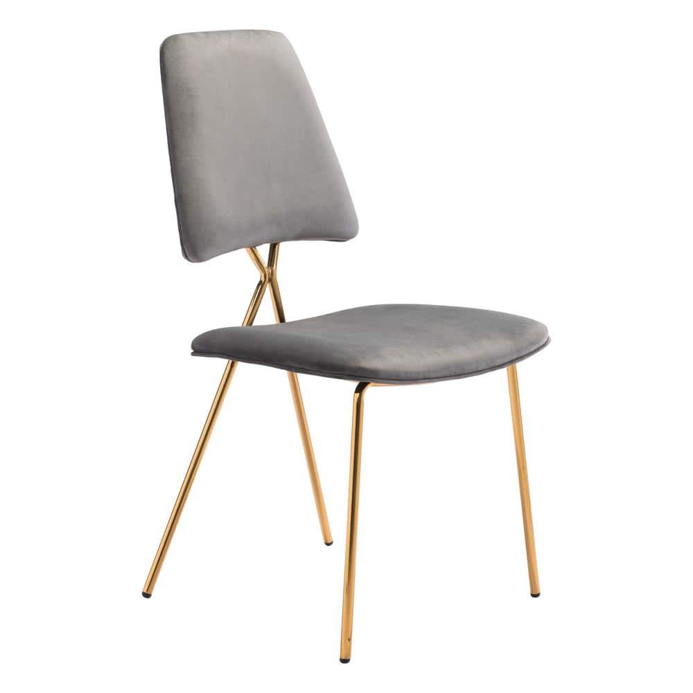 Gray and Gold Velvet Upholstered Side Chair Set with Metal Frame