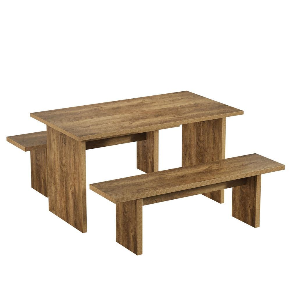 3 Piece Rectangular Wood Top Dining Table Set Seats 8, Farmhouse Kitchen Table Set