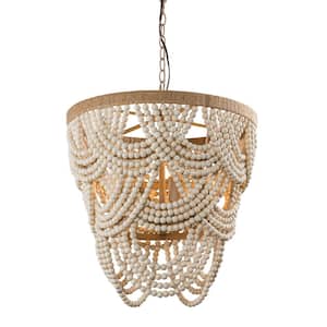 Hatfield 4-Light Bohemia Style Natural Wood Beaded Tiered Chandelier with Rope Accents