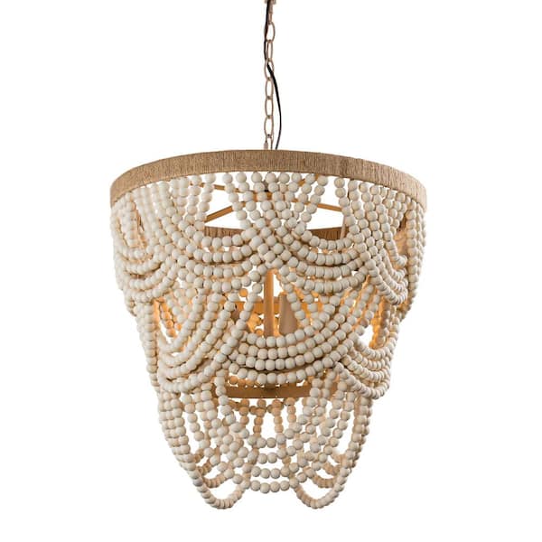 Parrot Uncle Hatfield 4-Light Bohemia Style Natural Wood Beaded Tiered Chandelier with Rope Accents