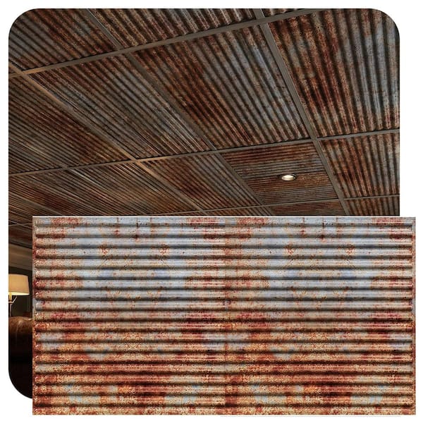 Ridged Metal Old Tin Roof 2 ft. x 4 ft. PVC Lay in Faux Tin Ceiling Tile (200 sq. ft./ case)