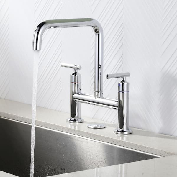 Double Handle Bridge Faucet with Kitchen Sink Hole Cover in Polished Chrome