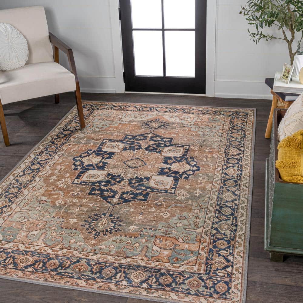 Maris Ornate Medallion Machine-Washable Beige and Blue Chenille Area Rug